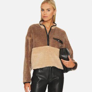 Anine Bing Royce Cropped Pullover Teddy Half Zip Brown Tan Sweater Jacket VGUC